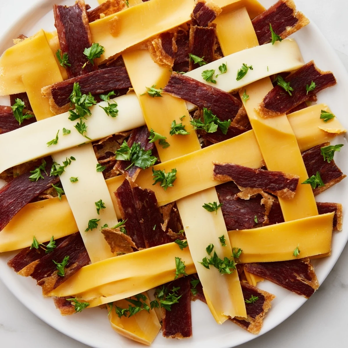 Vibrant image of The Tartan Plaid: a fun party appetizer with various jerky and cheese combinations.