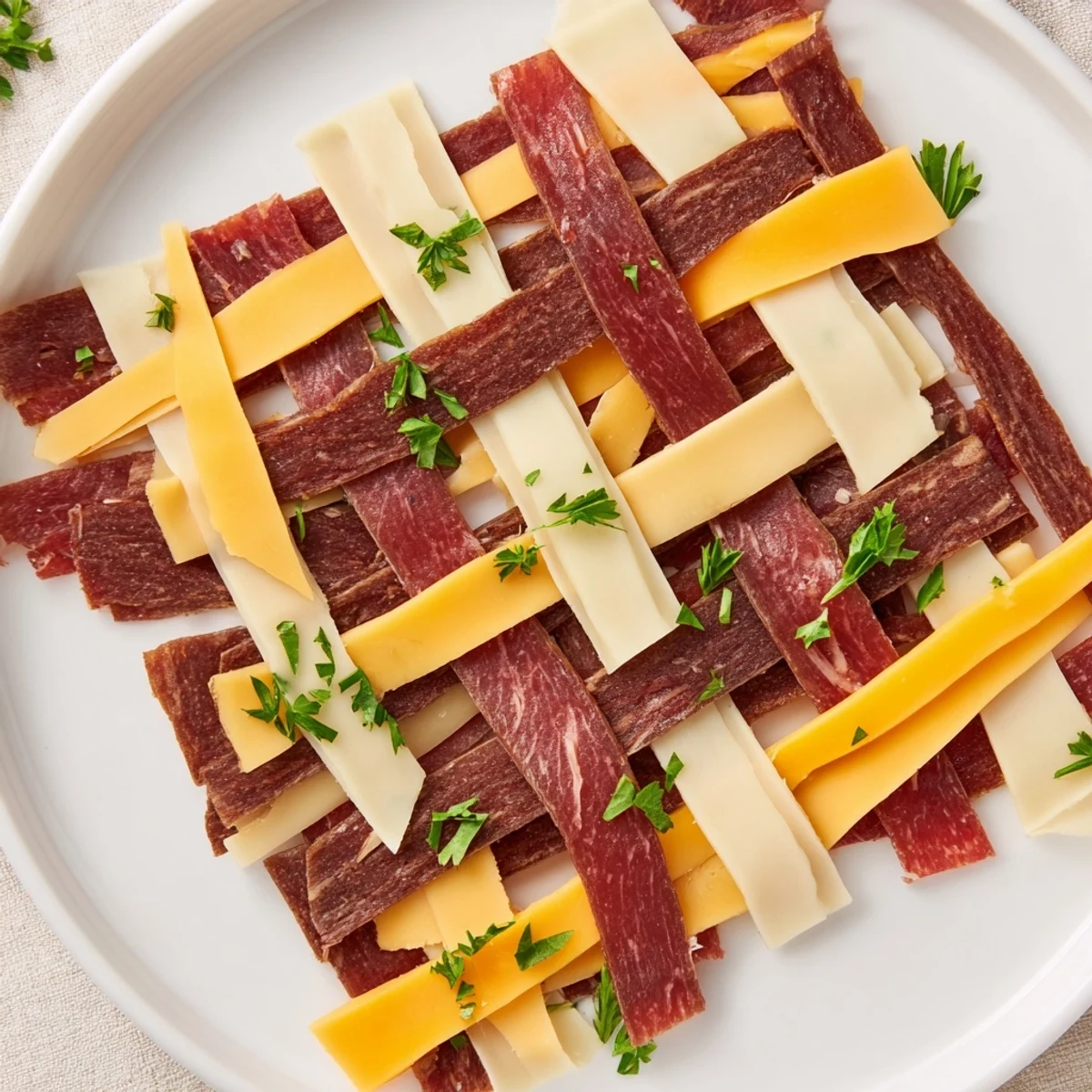 Deliciously arranged The Tartan Plaid appetizer, showcasing colorful jerky strips and creamy cheese.