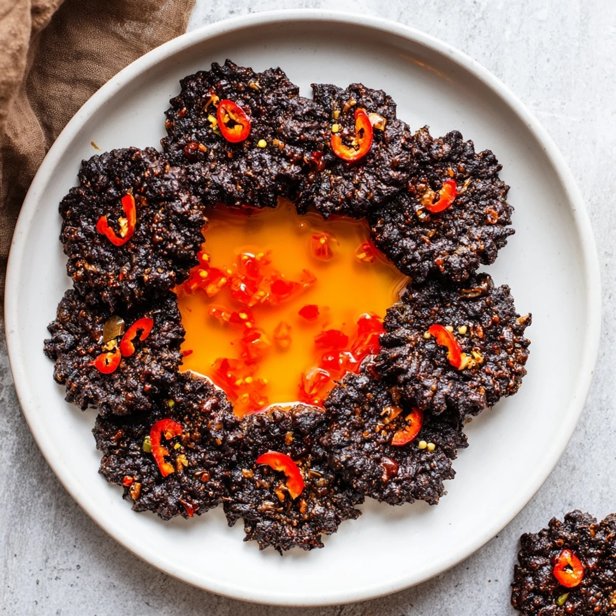 The Volcanic Flow appetizer: Fiery red jelly erupts from a crater of jet-black crackers; ready to enjoy.