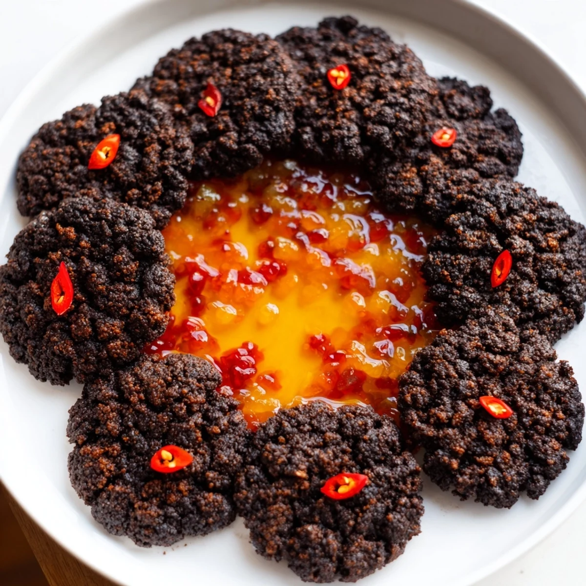 Crispy black crackers surround a spicy, vibrant center of The Volcanic Flow, perfect for mingling.