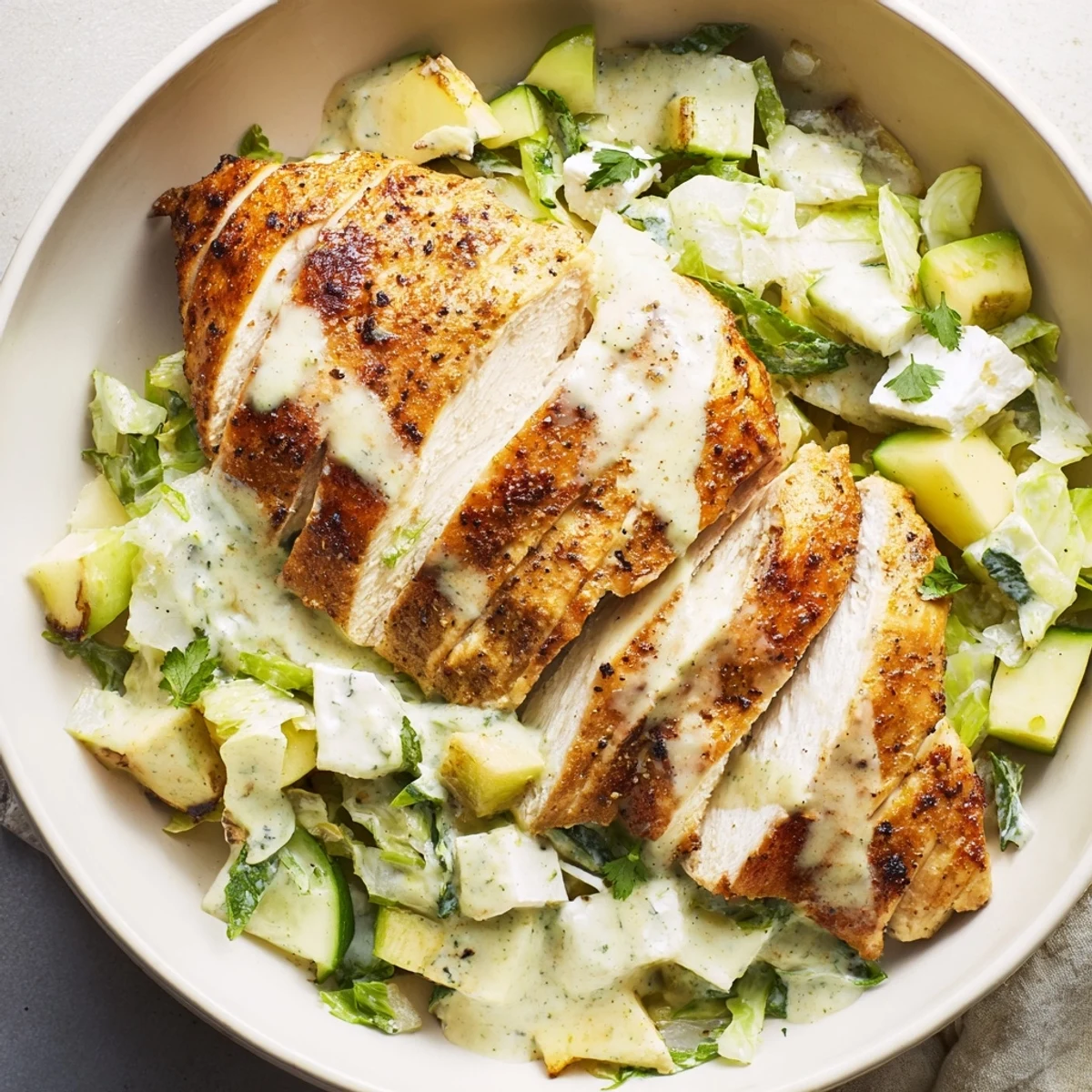 Crisp green goddess cabbage salad with sliced chicken inside a fresh Green Goddess Chicken Wrap.