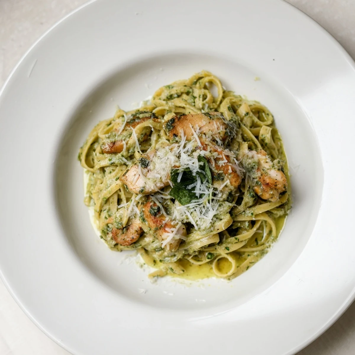 Fragrant pesto egg and chicken pasta with perfectly cooked chicken, ready to enjoy.