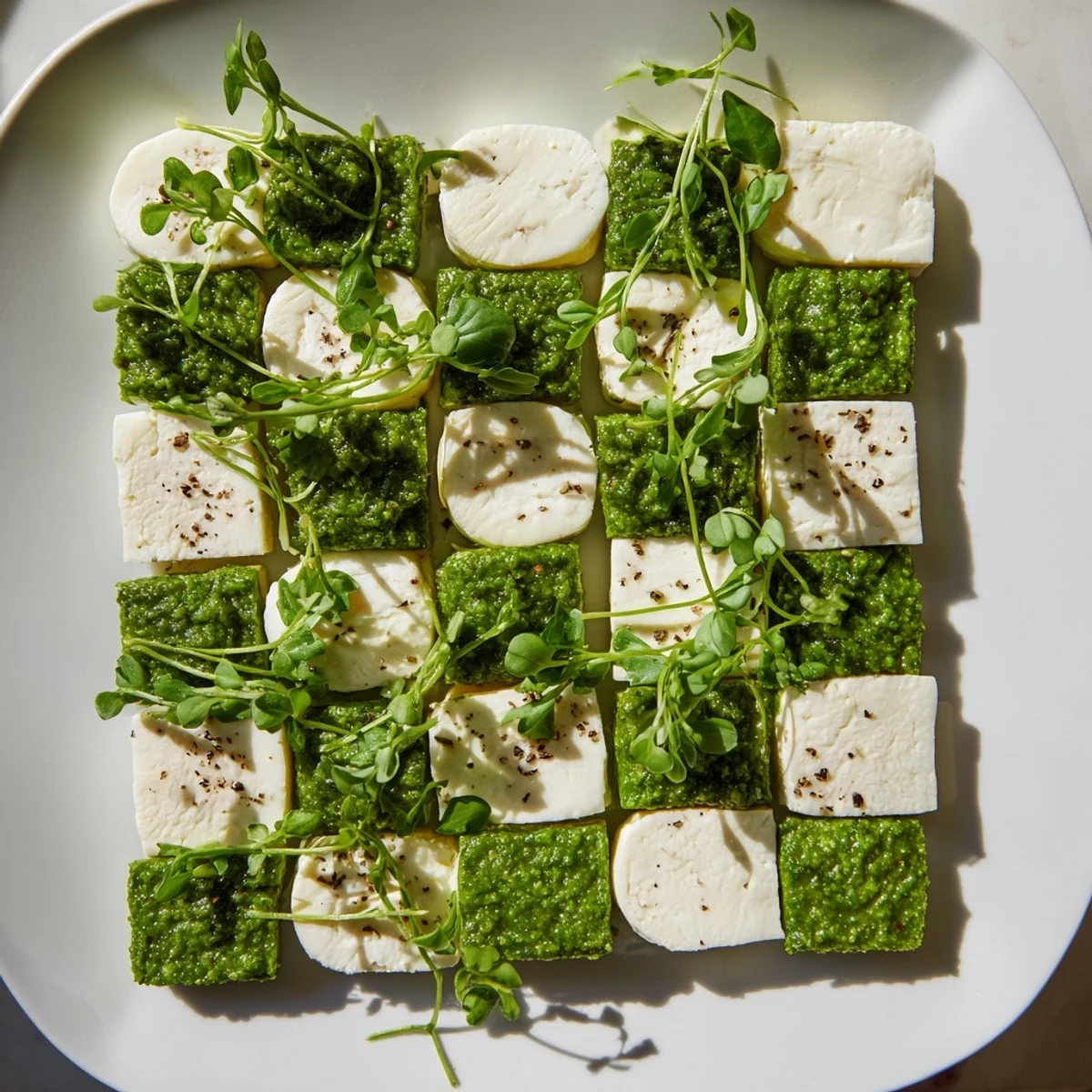 Checkerboard Garden appetizer, a visually appealing mix of cheeses and vibrant herb squares.