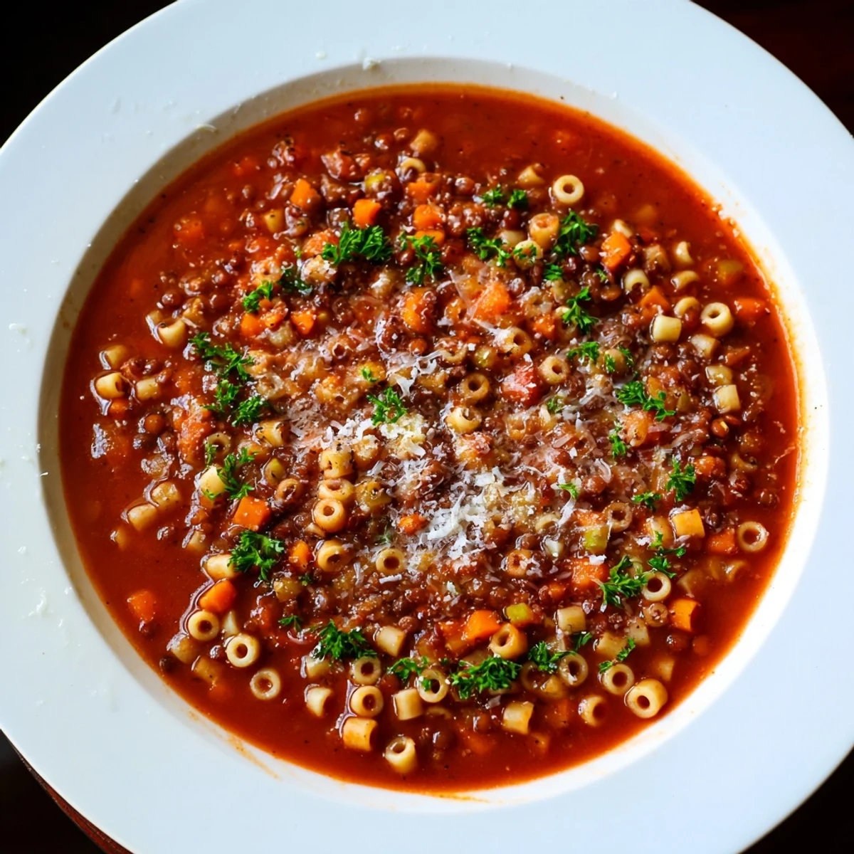Steaming bowl of ditalini and lentil soup, a hearty Italian-inspired vegetarian dish.