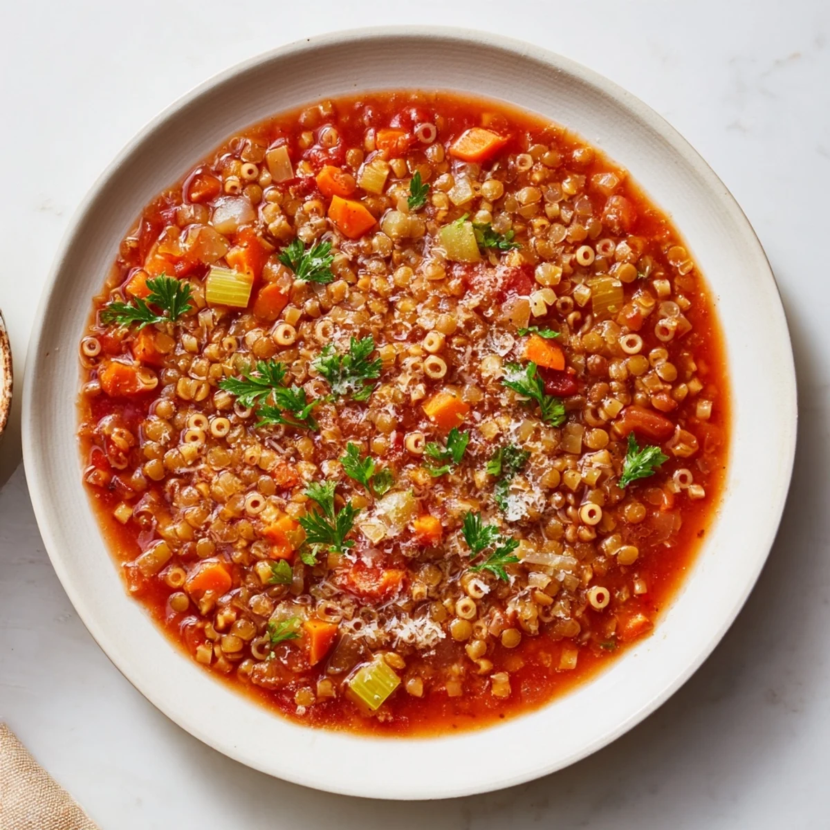 Warm, flavorful ditalini and lentil soup topped with fresh parsley, ready to enjoy.