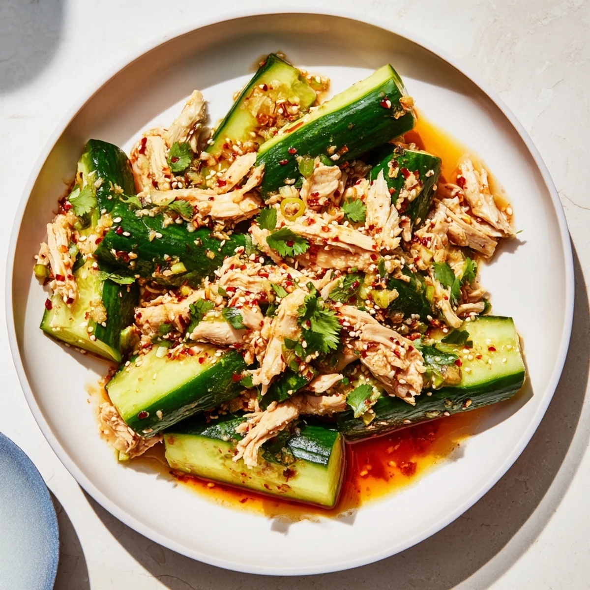 Close-up of the Whole Cucumber Logan Salad, showing the crunchy textures and savory sesame seed garnish.
