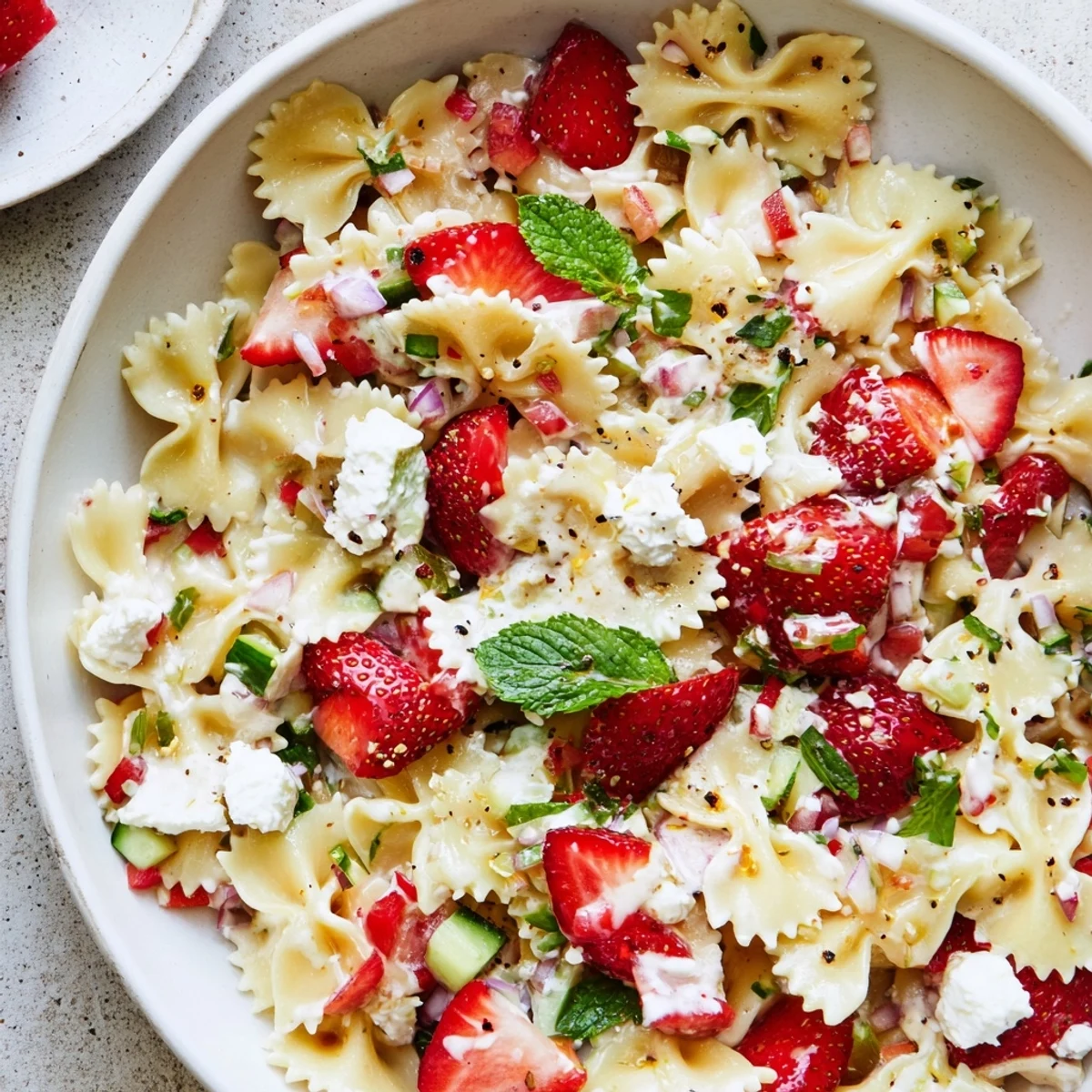 A vibrant bowl of Strawberry Feta Pasta, a summer salad with fresh, juicy ingredients.