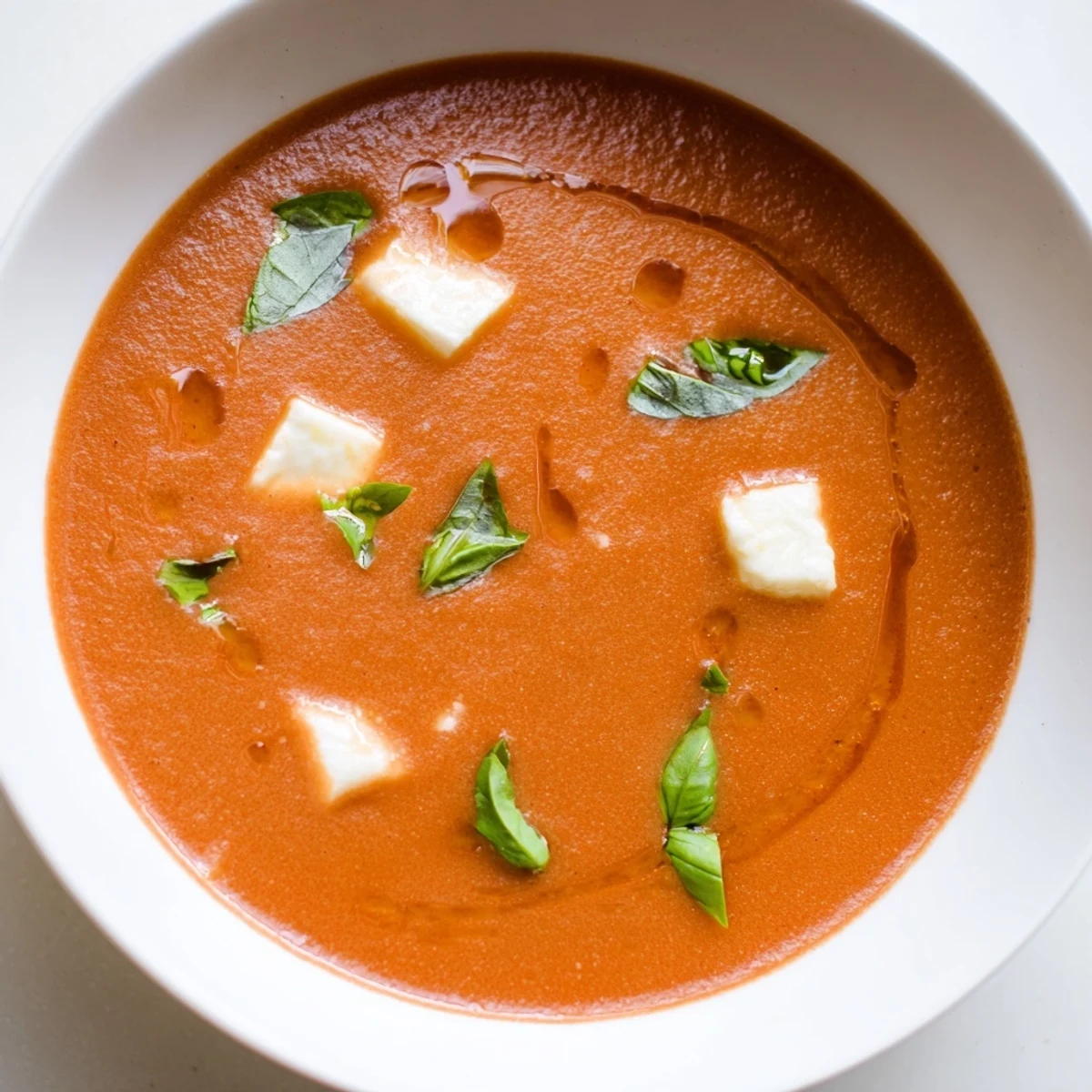 A bowl of vibrant Creamy Tomato Mozzarella Soup, showcasing melted cheese and hearty tomatoes.
