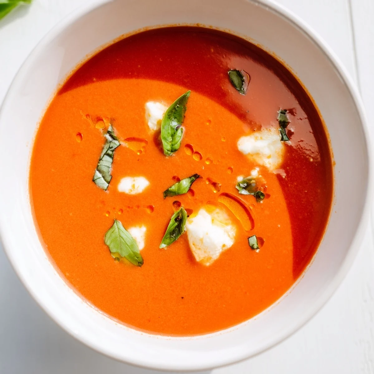 Warm, creamy tomato mozzarella soup, garnished with fresh basil, steaming for a comforting dinner.