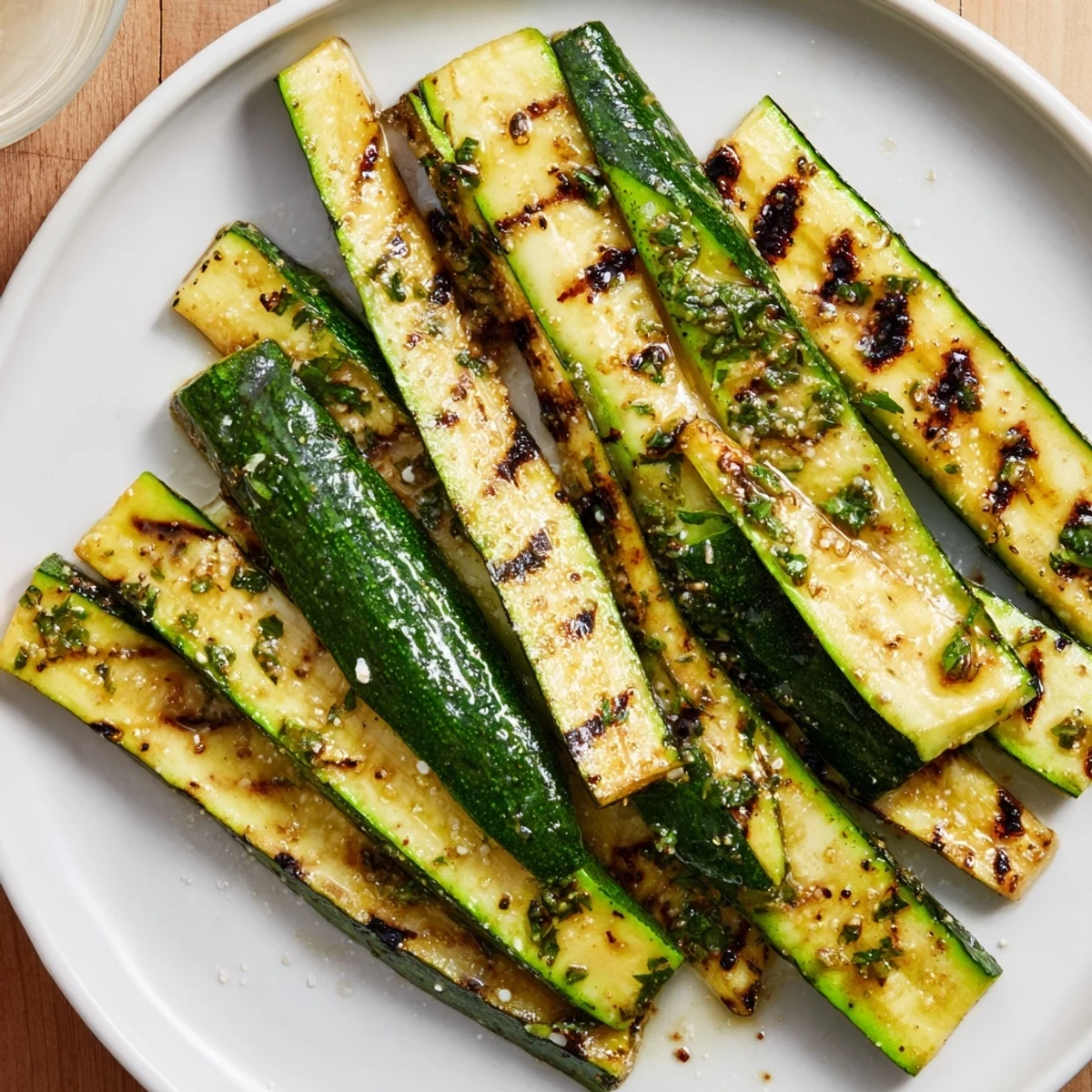 Golden-brown Garlic Herb Grilled Zucchini slices, tenderly grilled and ready to be served.