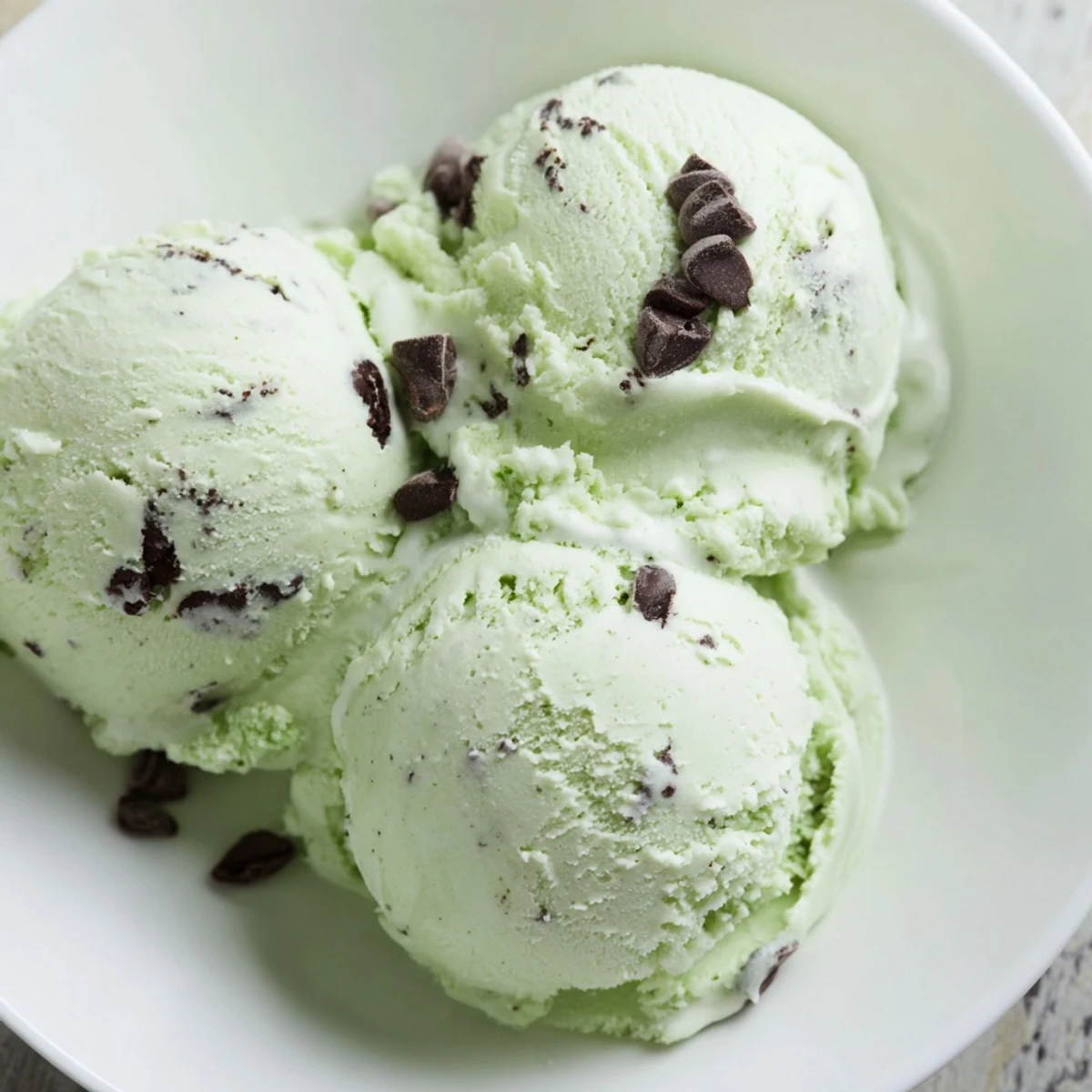 Creamy scoops of vibrant green Mint Chocolate Chip Ice Cream, ready to enjoy on a warm day.