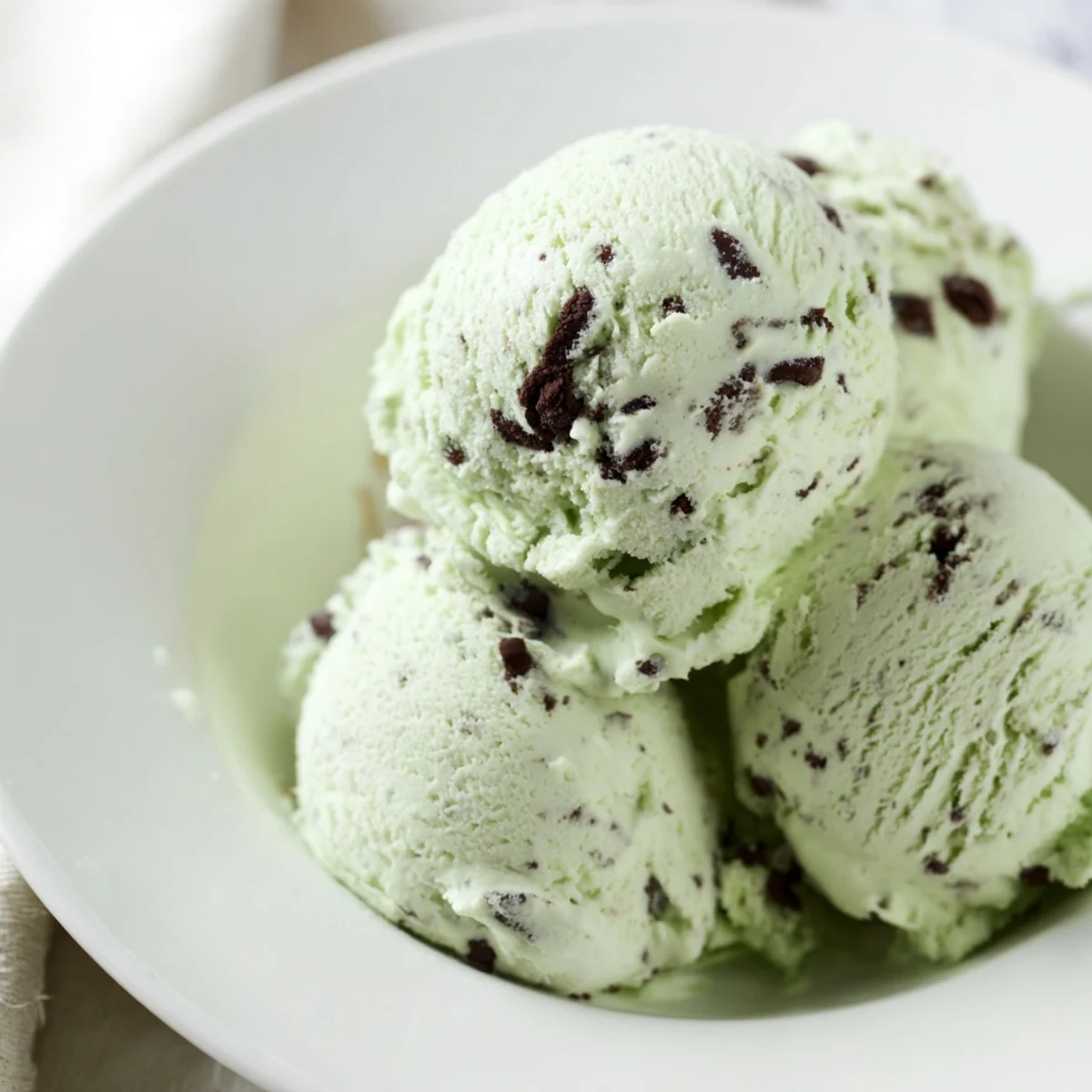 A close-up of homemade Mint Chocolate Chip Ice Cream, showing the swirled texture and chocolate chips.