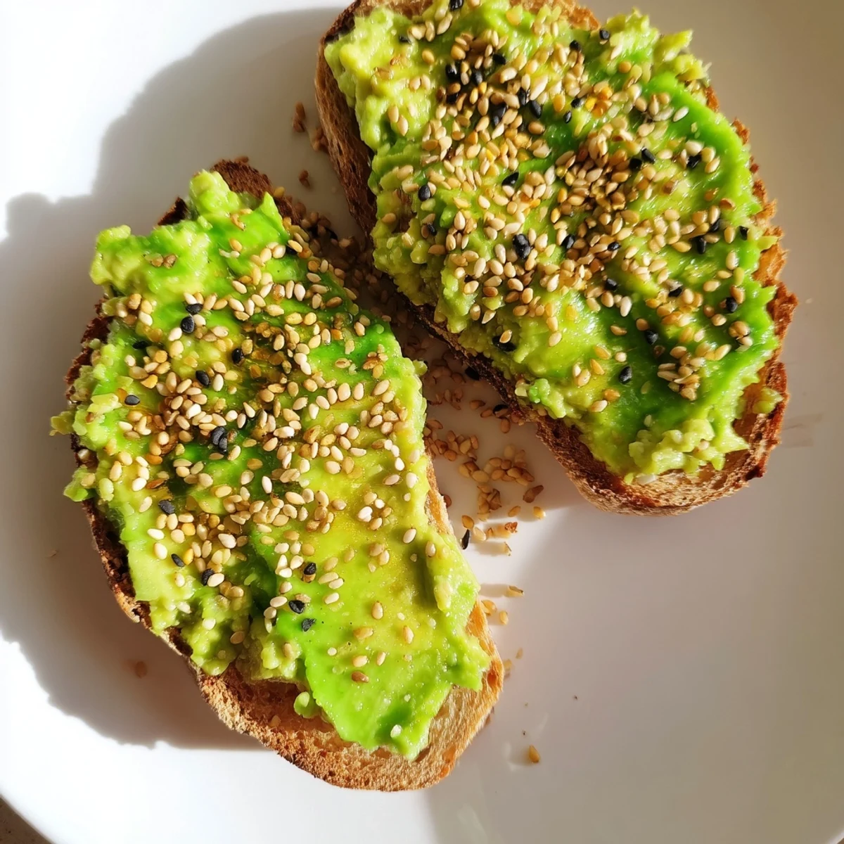 Enjoy a visually appealing plate of avocado toast with everything, where seasonings enhance the flavorful bites.