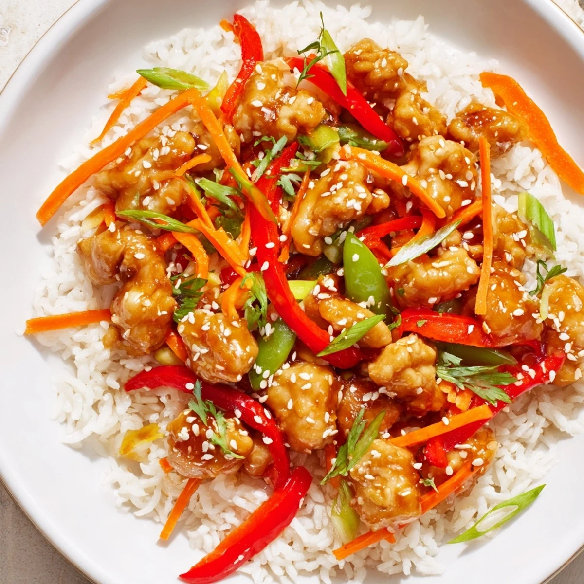 Savory Sesame Ginger Rice Bowl: flavorful chicken, crisp veggies, drizzled with sesame-ginger sauce.