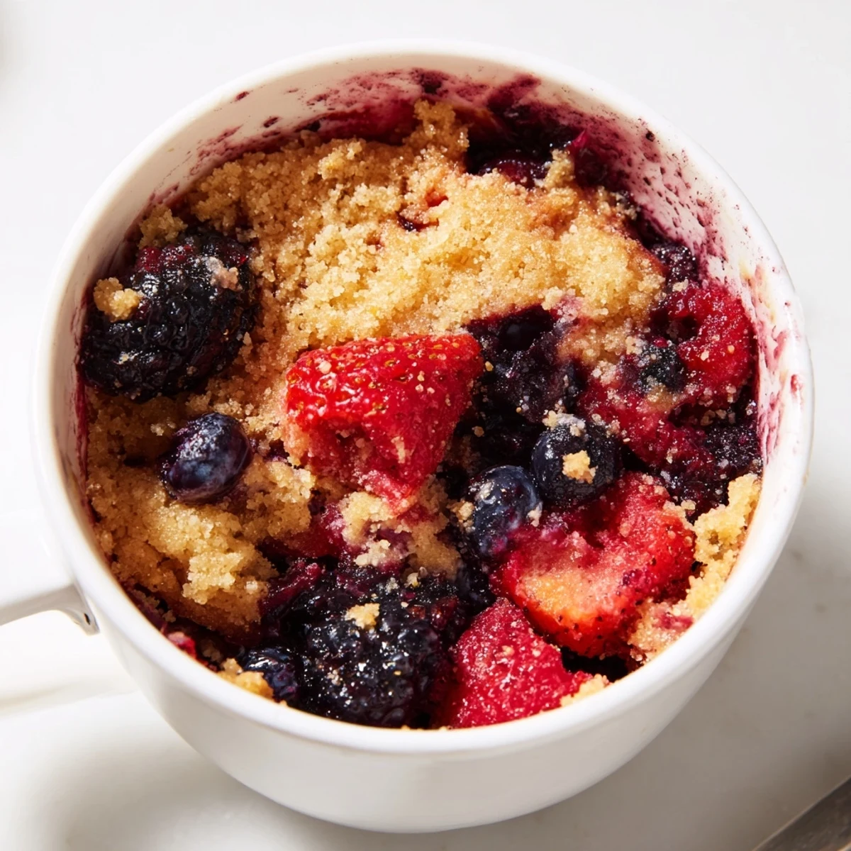 Golden, bubbly Mixed Berry Cobbler Mug Cake, filled with juicy berries fresh from the microwave.