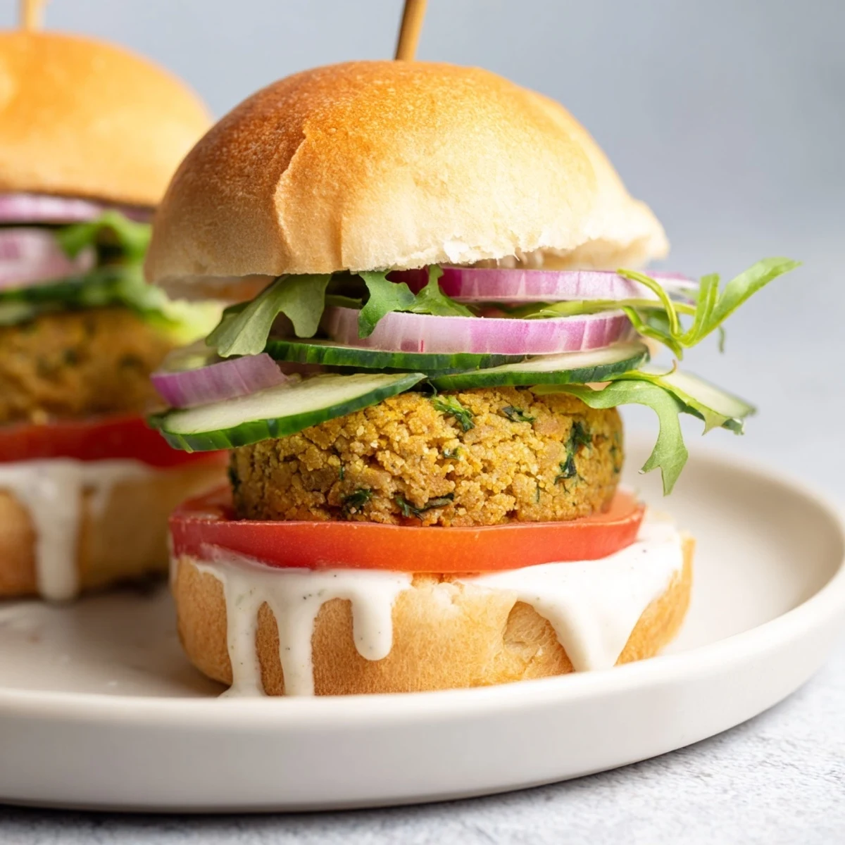 Golden-brown baked falafel sliders, piled high with fresh veggies and creamy tahini sauce on a soft bun.