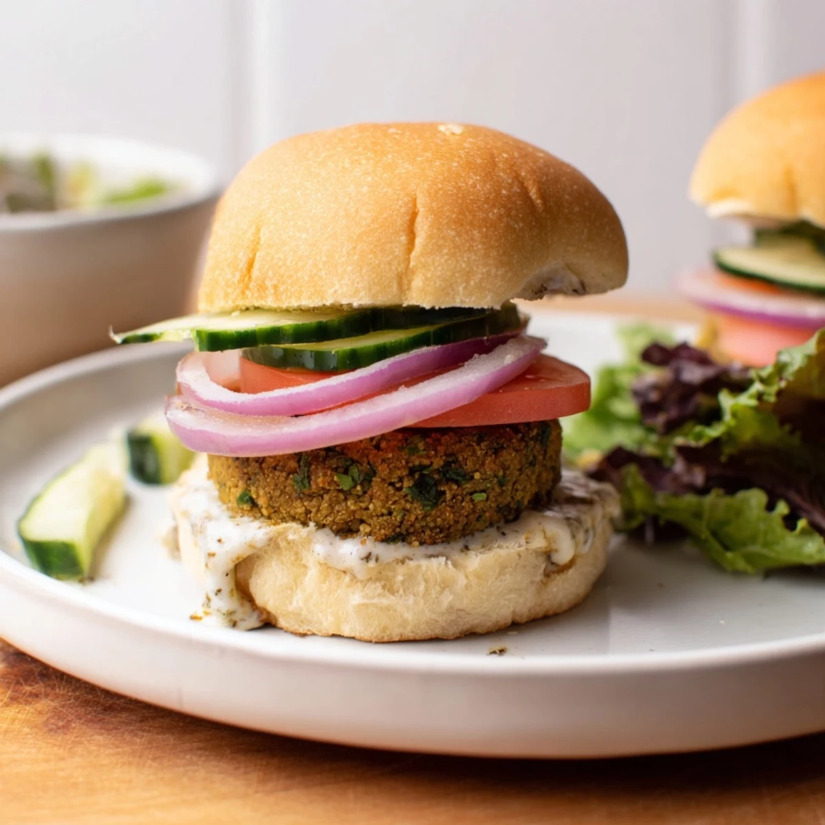 Healthy and flavorful baked falafel sliders, featuring vibrant colors of fresh vegetables with tahini.