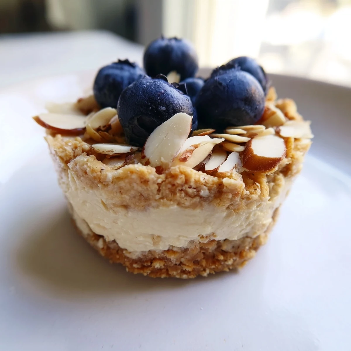 A close-up of Protein Cheesecake Cups topped with fresh berries, a healthy dessert option.
