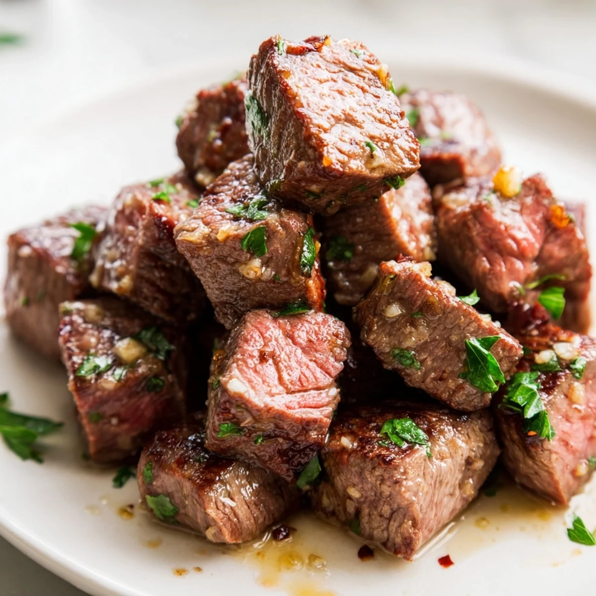 Sizzling skillet of Garlic Butter Steak Bites, perfectly seared and glistening with fresh herbs.