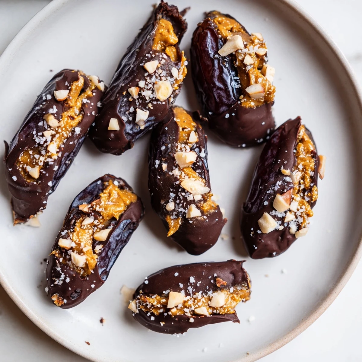 Decadent Chocolate Date Snickers, a sweet treat with dark chocolate coating glistening on the dates.