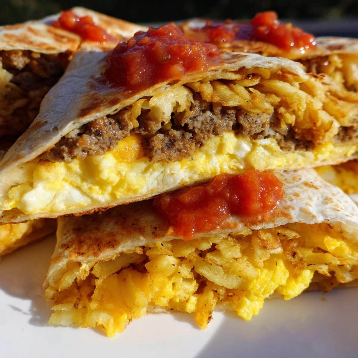 A golden, crispy Breakfast Crunchwrap Hack with melted cheese and savory scrambled eggs.