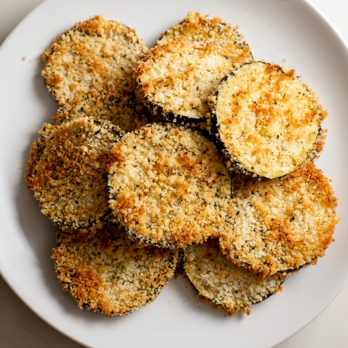Golden, crispy Eggplant Parmesan Chips fresh from the oven, ready for dipping in marinara.