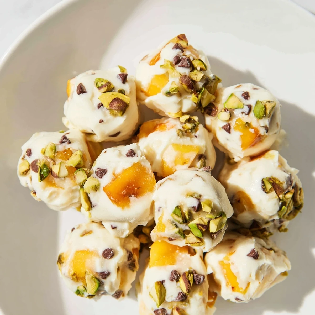 Frozen peach yogurt bites, a visually appealing frozen treat, showcasing diced peaches and creamy yogurt.