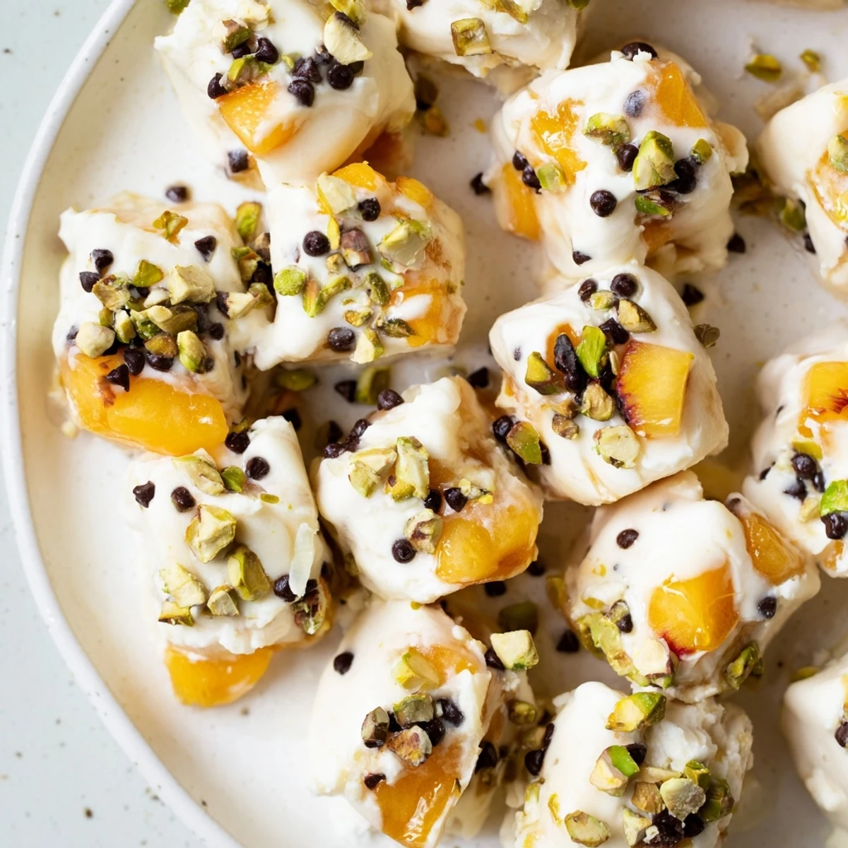 Close-up of frozen peach yogurt bites, creamy and speckled with sweet peaches, perfect summer desserts.