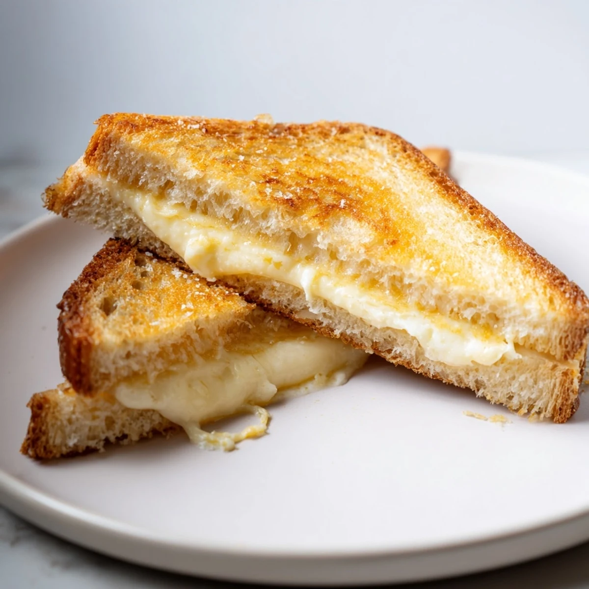 Close-up of a warm and savory Mayo Grilled Cheese, ready to serve with a bowl of tomato soup.