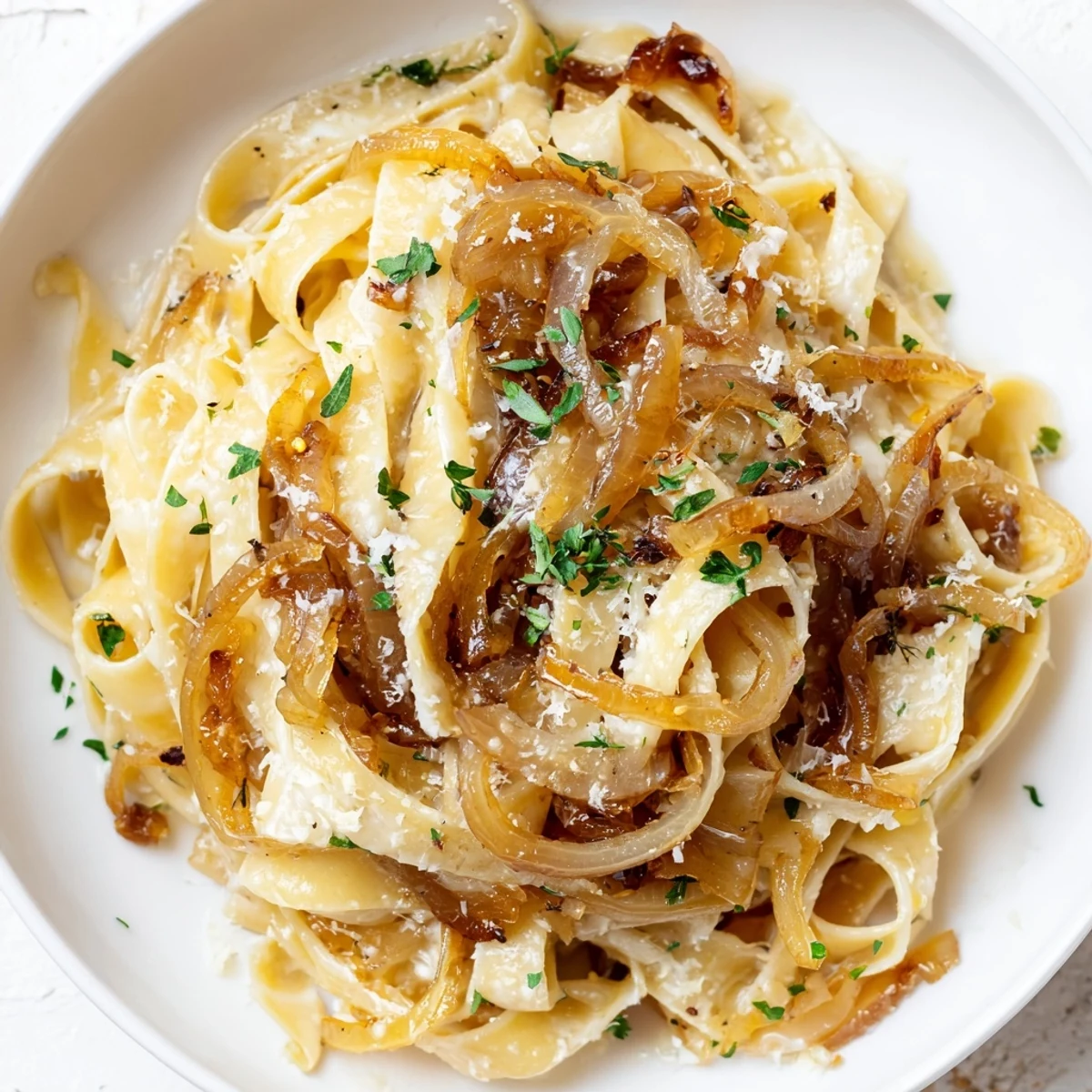 Hearty one-pot French Onion Pasta, steaming hot with melted Gruyère, perfect for a cozy dinner.
