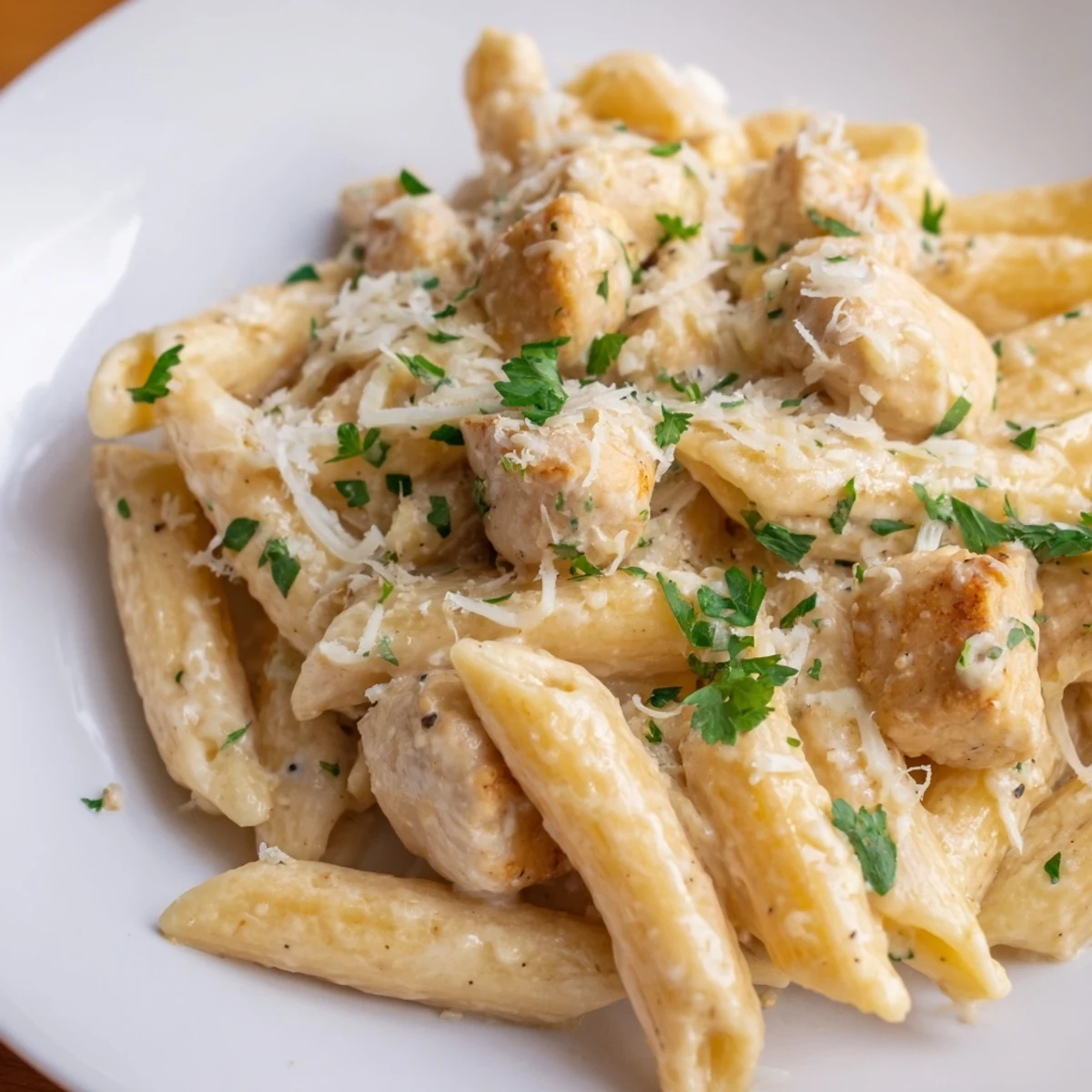 Perfectly cooked pasta submerged in a rich sauce, part of this Quick Garlic Parmesan Chicken Pasta.