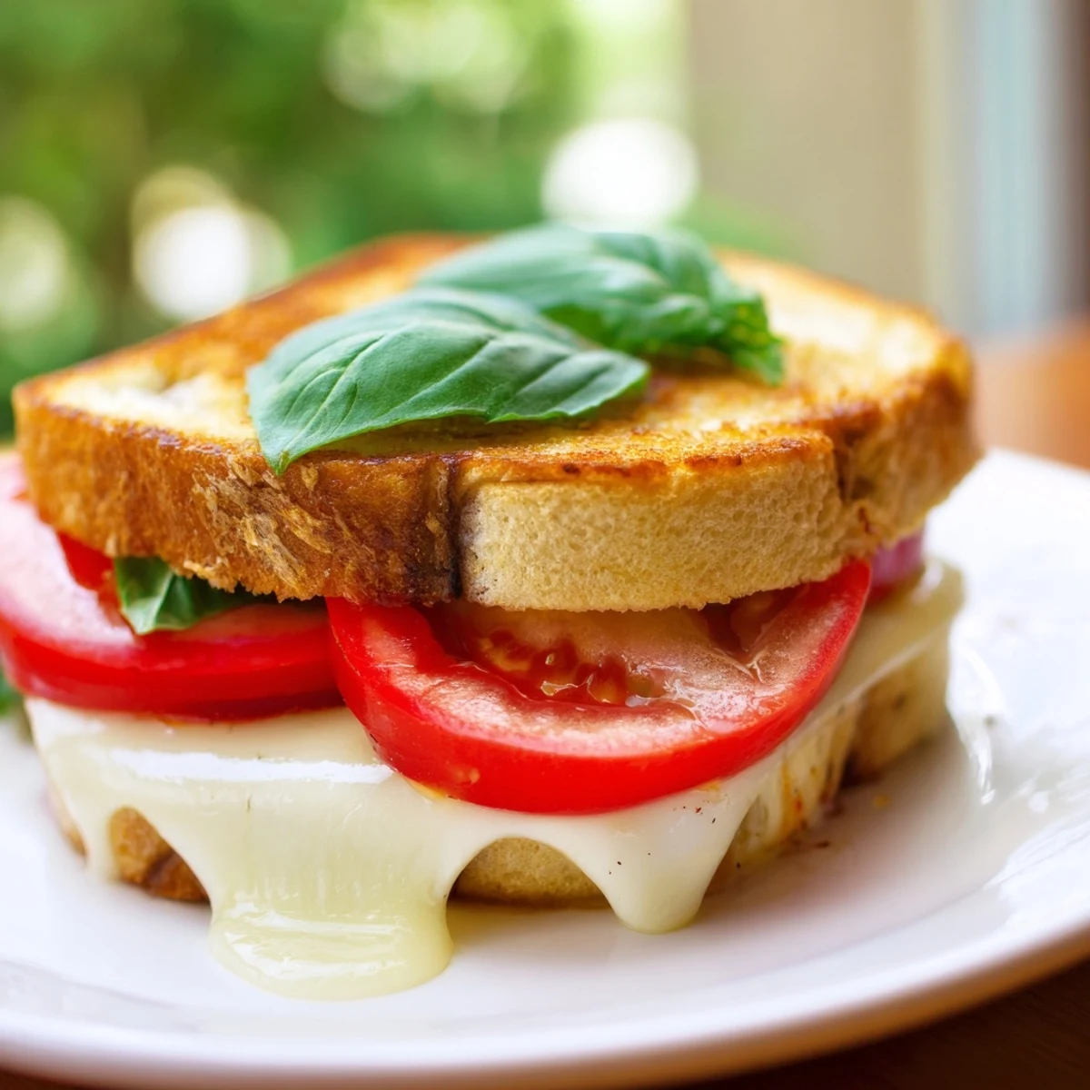 A close-up of a warm, cheesy Tomato Basil Grilled Cheese, showcasing the perfectly melted cheese and fresh basil.