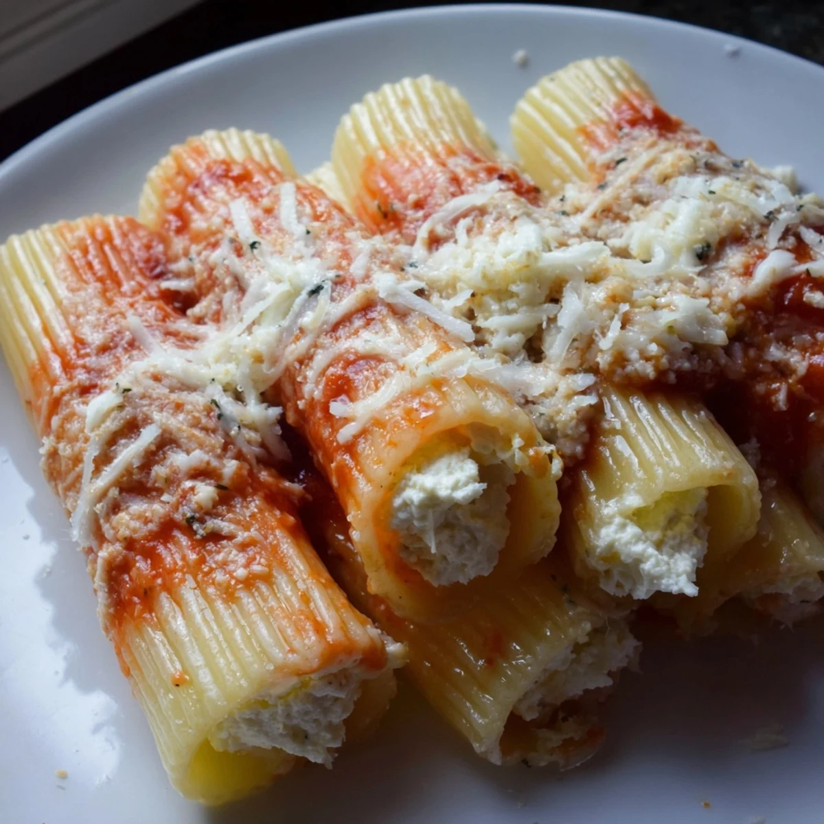 Upright rigatoni tubes in a Honeycomb Pasta Bake, filled with cheese, baked to golden perfection with marinara.