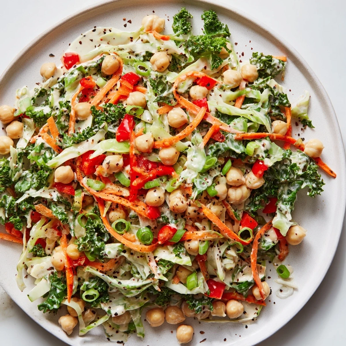 Vibrant Fiber-Forward Chickpea Salad with chickpeas, crisp vegetables, and a creamy, zesty tahini dressing.