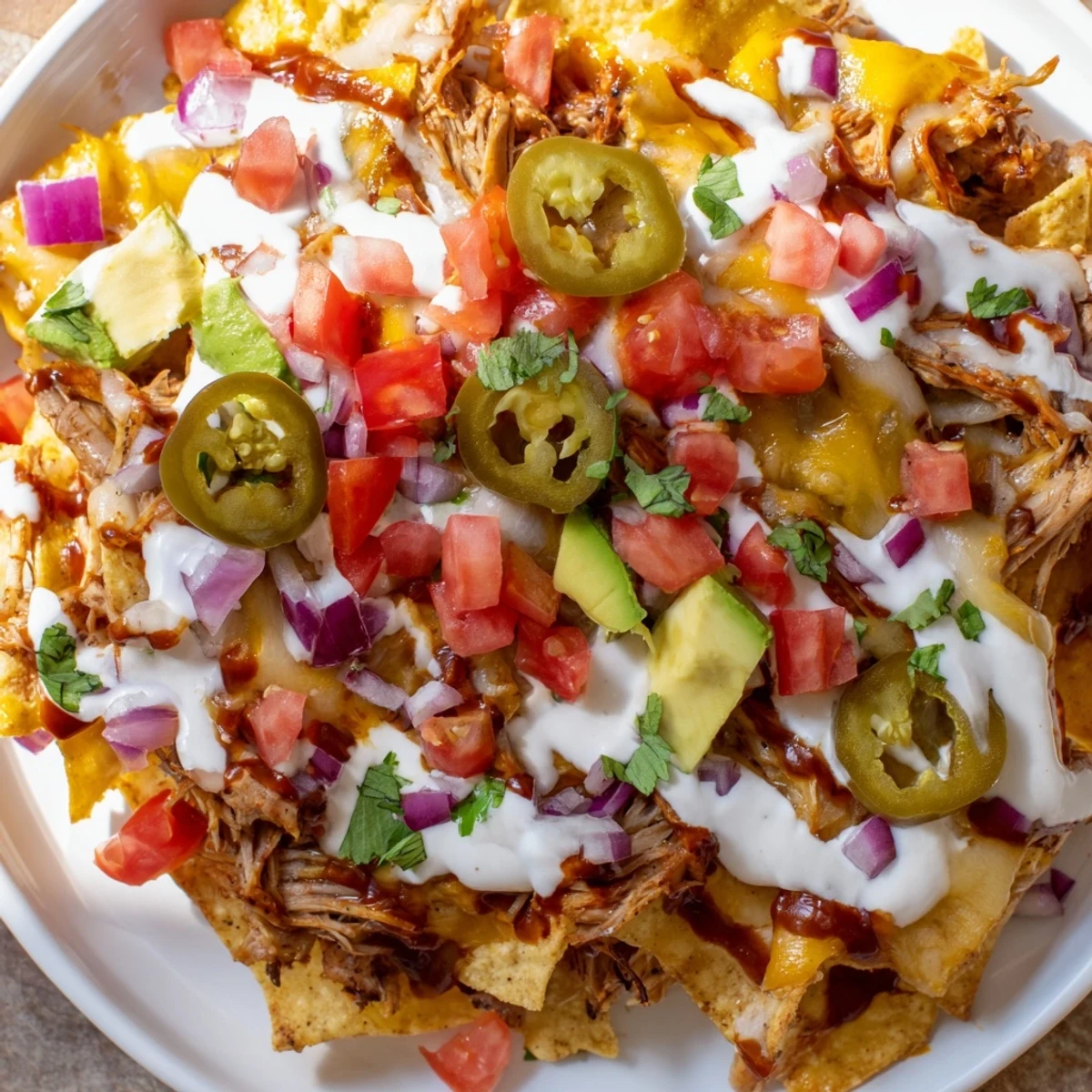 Golden baked Loaded Nachos with pulled pork, bubbling queso, and a fiesta of toppings.