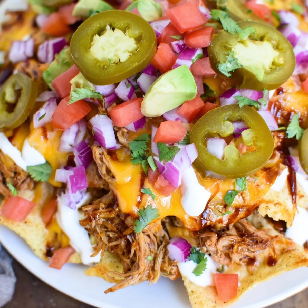 Savory Loaded Nachos: A close-up of tender pulled pork atop crispy tortilla chips and creamy cheese.