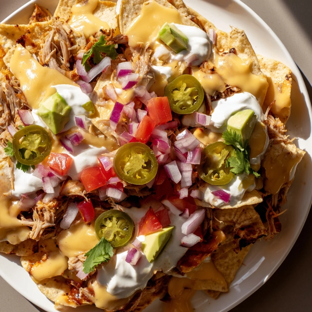 A generous serving of Loaded Nachos piled high with pulled pork, ready to serve and enjoy with friends.