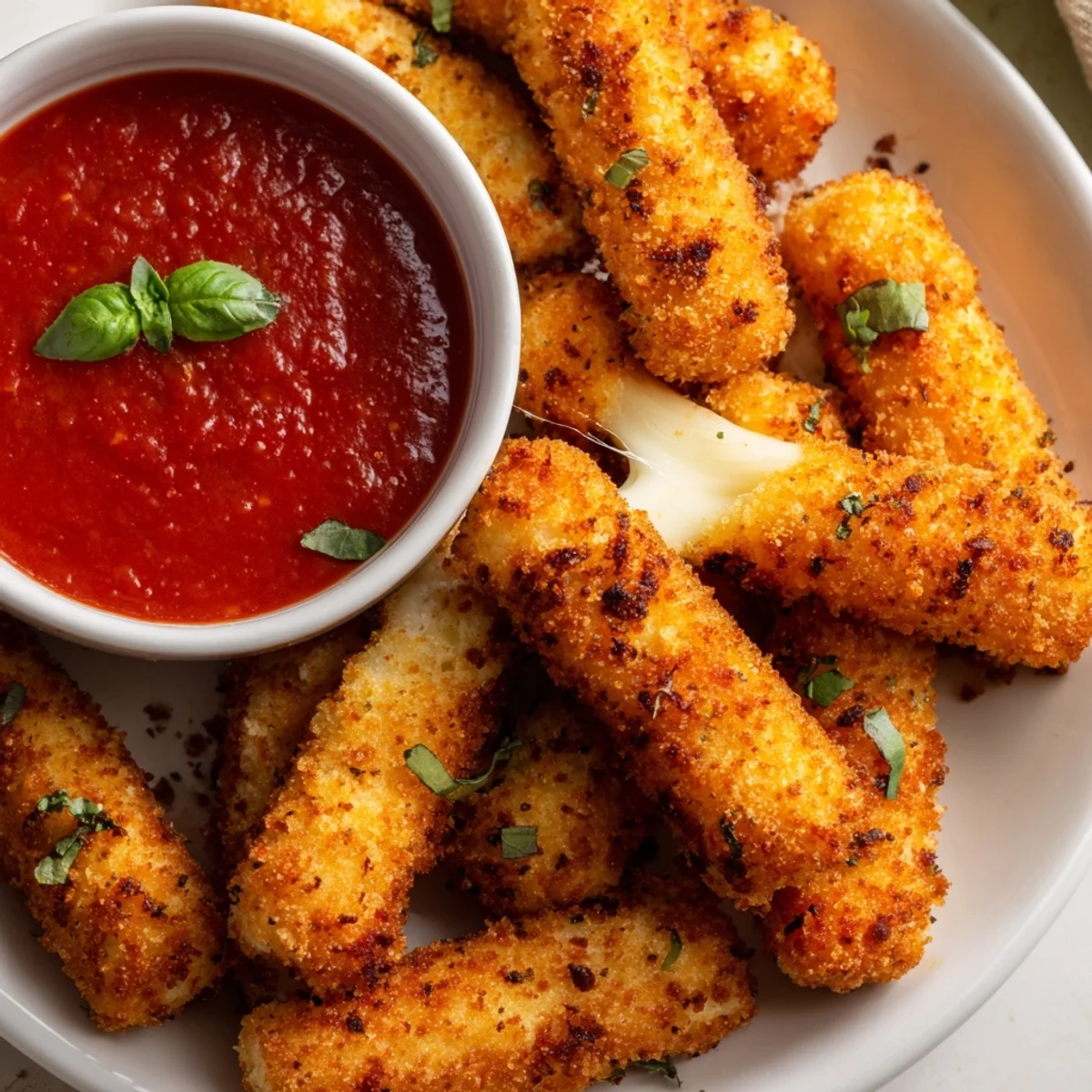 Golden-brown air fryer mozzarella sticks, perfect with warm marinara for a quick, yummy snack.