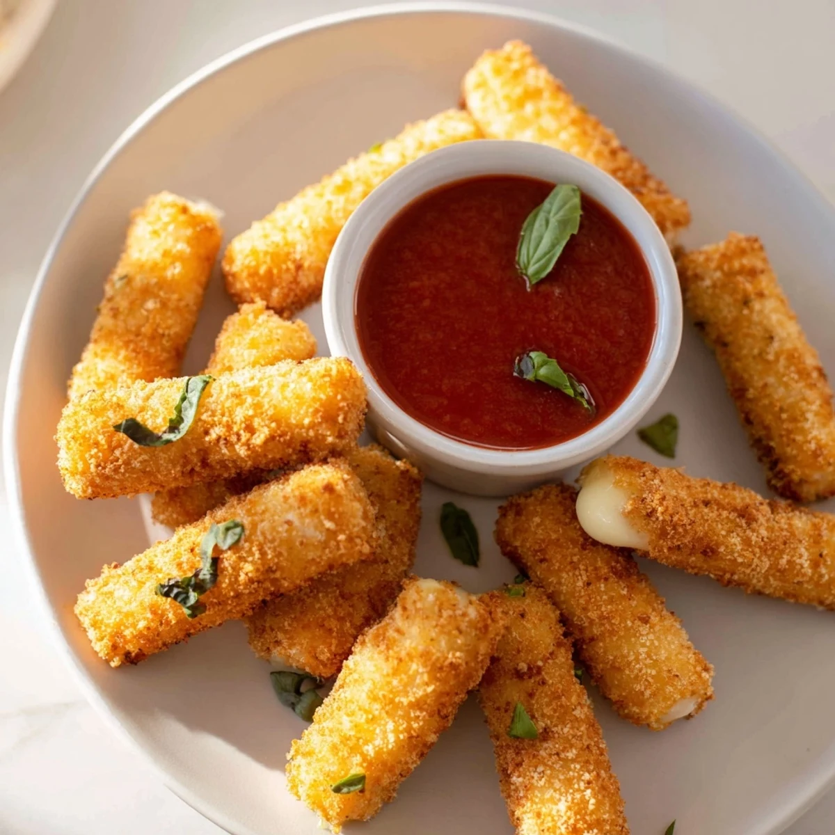 Crispy air fryer mozzarella sticks, oozing melted cheese, ready to dip and savor for your appetizer.