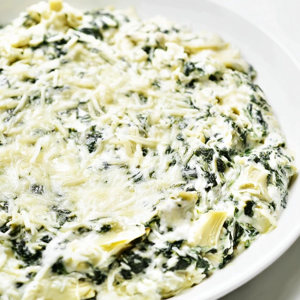 Close-up of a creamy spinach artichoke dip, topped with melted cheese, fresh from the oven.