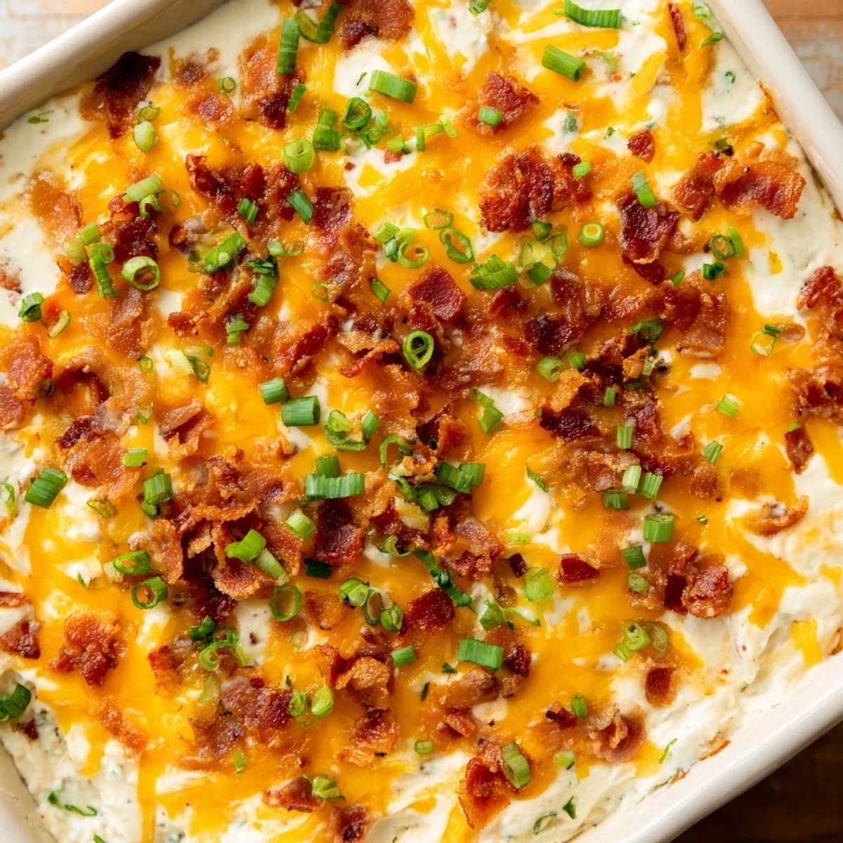 Cheesy Bacon Ranch Dip bubbling hot from the oven with crispy bacon crumbles and melted cheese on top.