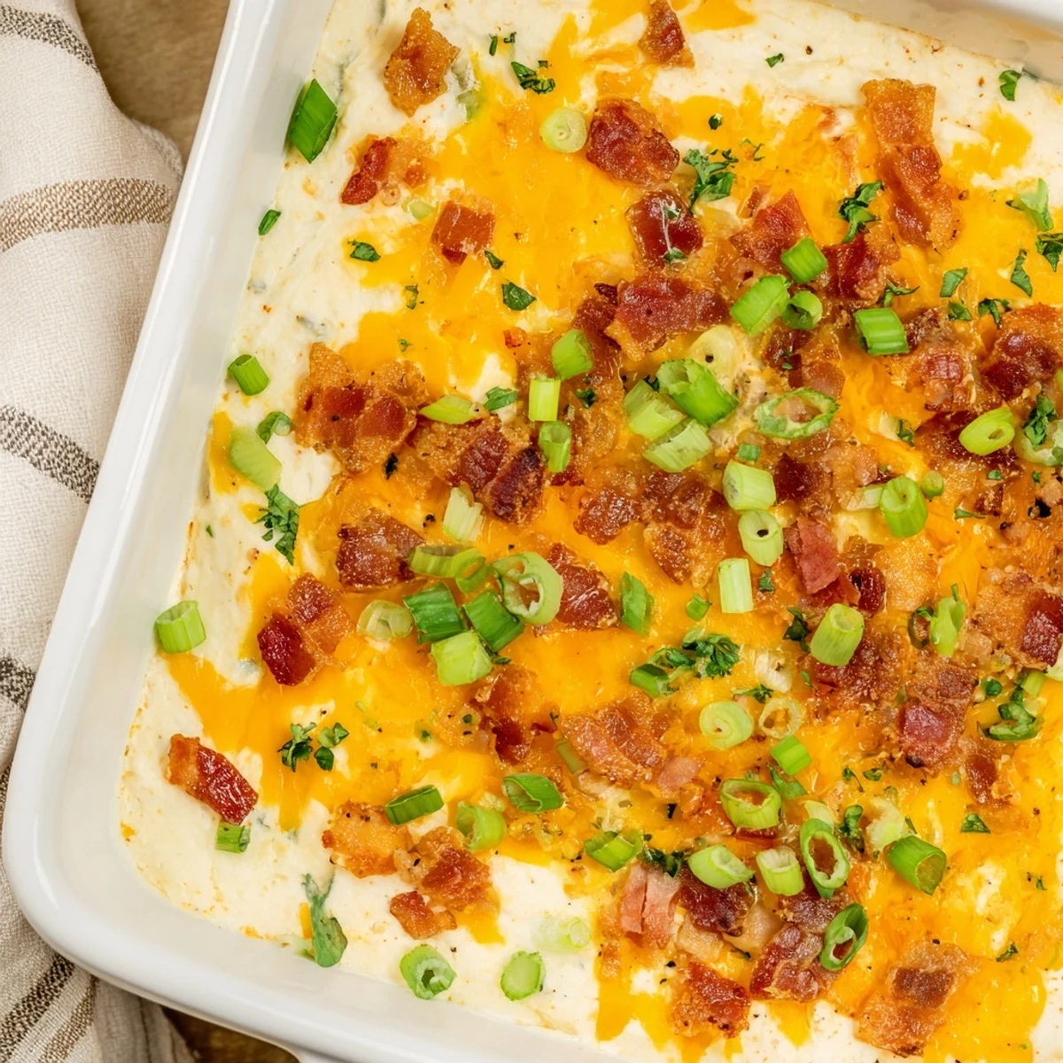 A close-up of a flavorful Cheesy Bacon Ranch Dip, perfect for dipping chips, warm from the oven.