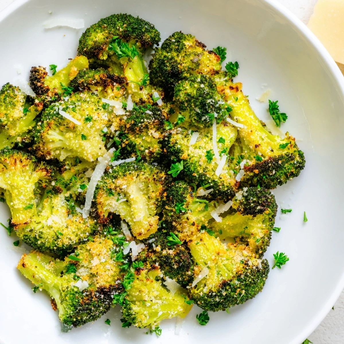 Golden, crispy Garlic Parmesan Roasted Broccoli, ready to serve as a flavorful vegetarian side.
