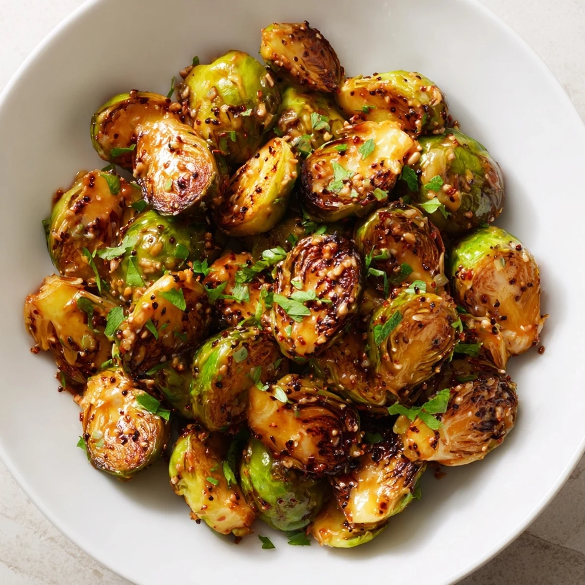 Golden, caramelized Honey Mustard Glazed Brussels Sprouts sit ready, a perfect side dish, glistening with glaze.