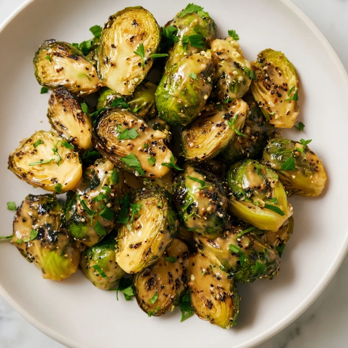 Close-up of baked Honey Mustard Glazed Brussels Sprouts, featuring a sweet, tangy glaze, ready for a bite.