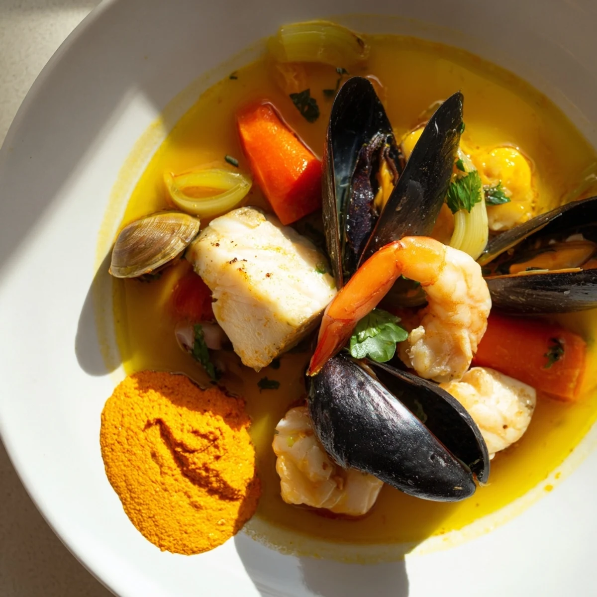 Aromatic bouillabaisse bubbling in a large pot, ready to be ladled and enjoyed with rouille and bread.