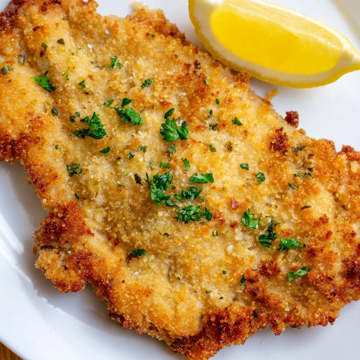 Golden brown Austrian Wiener Schnitzel, crispy edges and juicy veal served with lemon wedges.