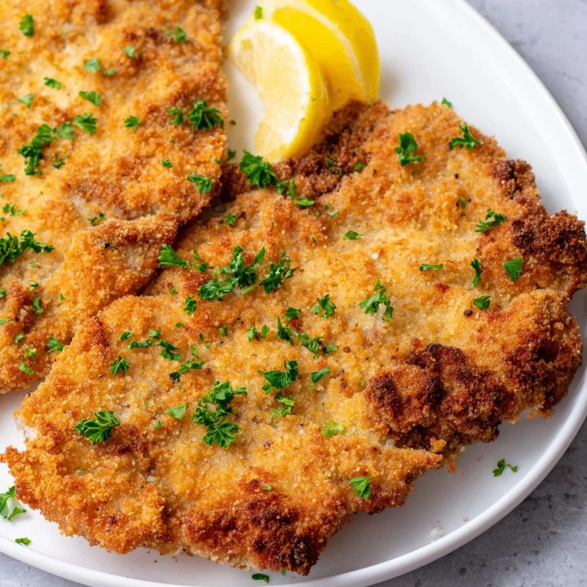 Close-up of a tender, glistening Wiener Schnitzel, imagining its satisfying, delicious crunch.
