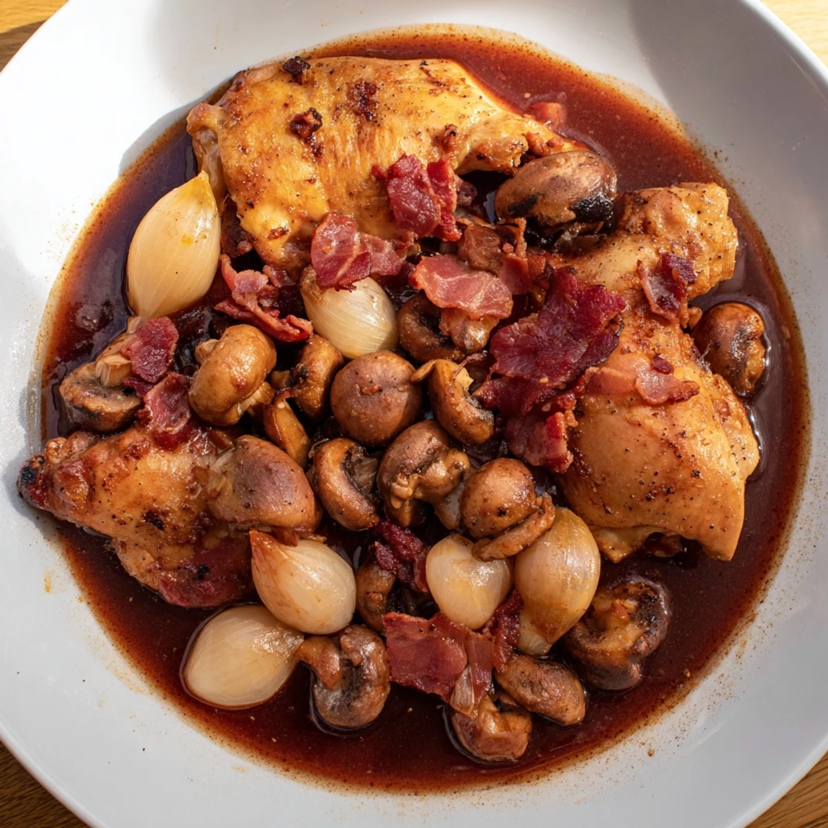 Coq au Vin: A hearty stew with tender chicken, savory mushrooms, and a rich red wine sauce.