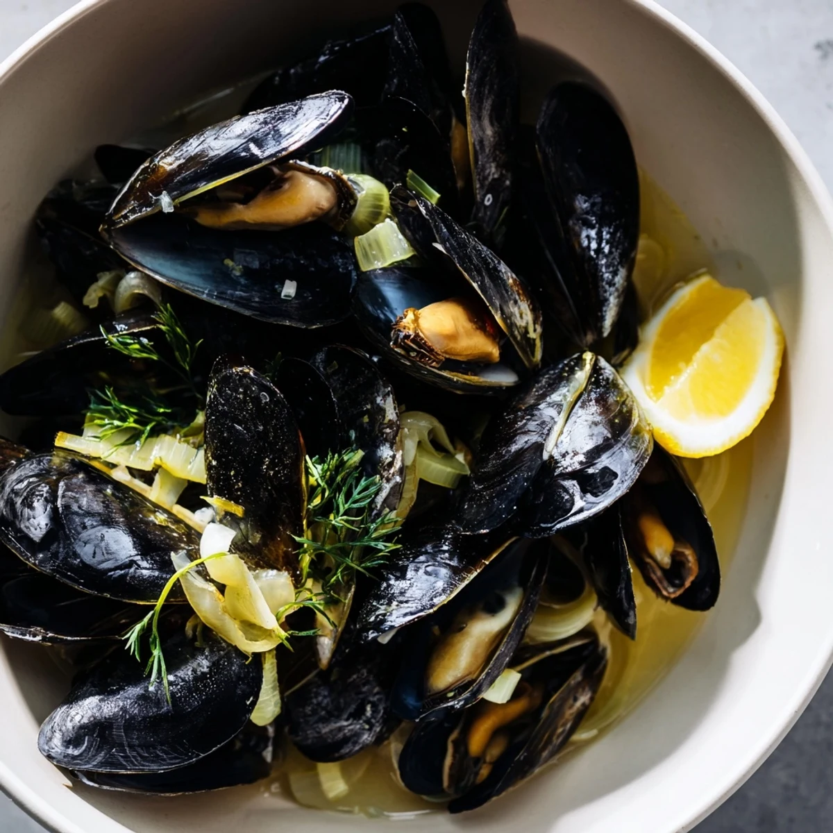 Steaming Belgian Moules Marinière with plump mussels in a fragrant, bubbling white wine broth.